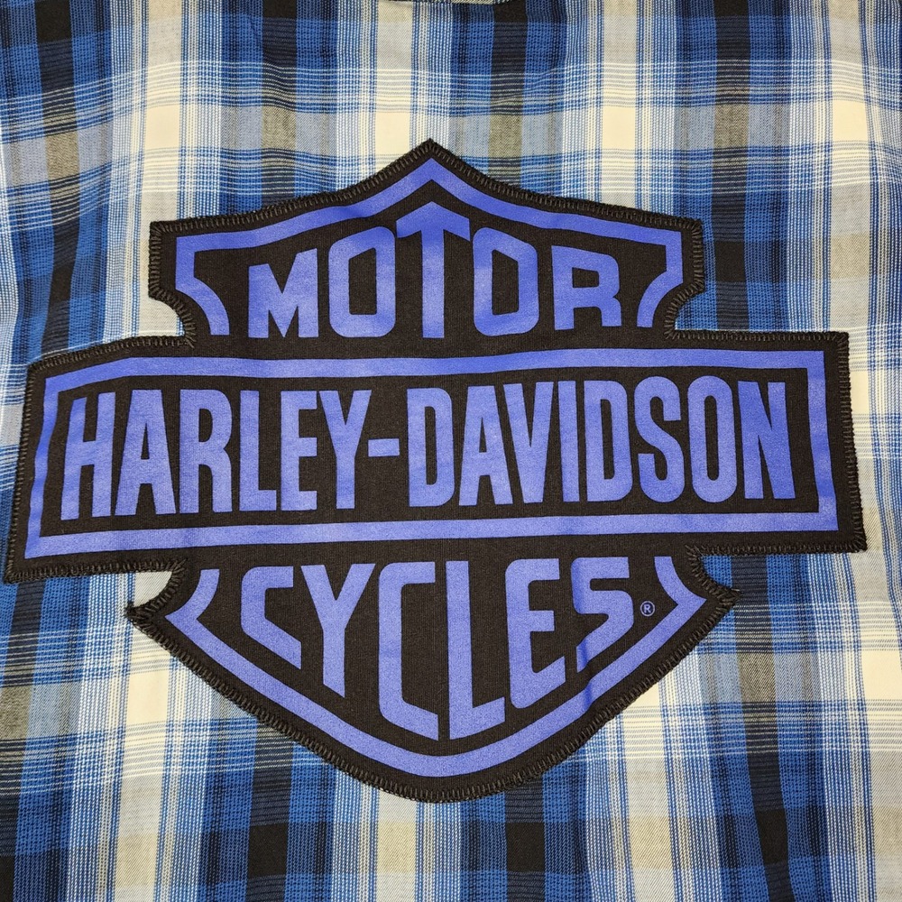 Harley-Davidson Mens 2XL Blue Plaid Short Sleeve Button Down Shirt Back Graphic - Picture 6 of 9